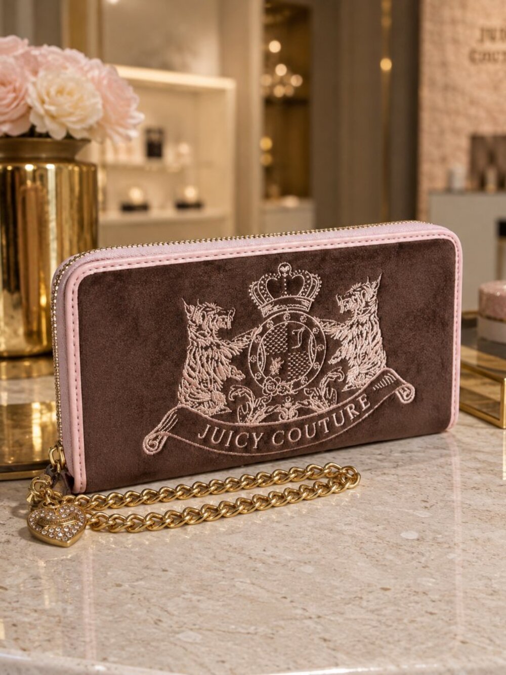 Juicy Couture Velour Zip Around Wallet Wristlet Brown Pink Chain NWT
